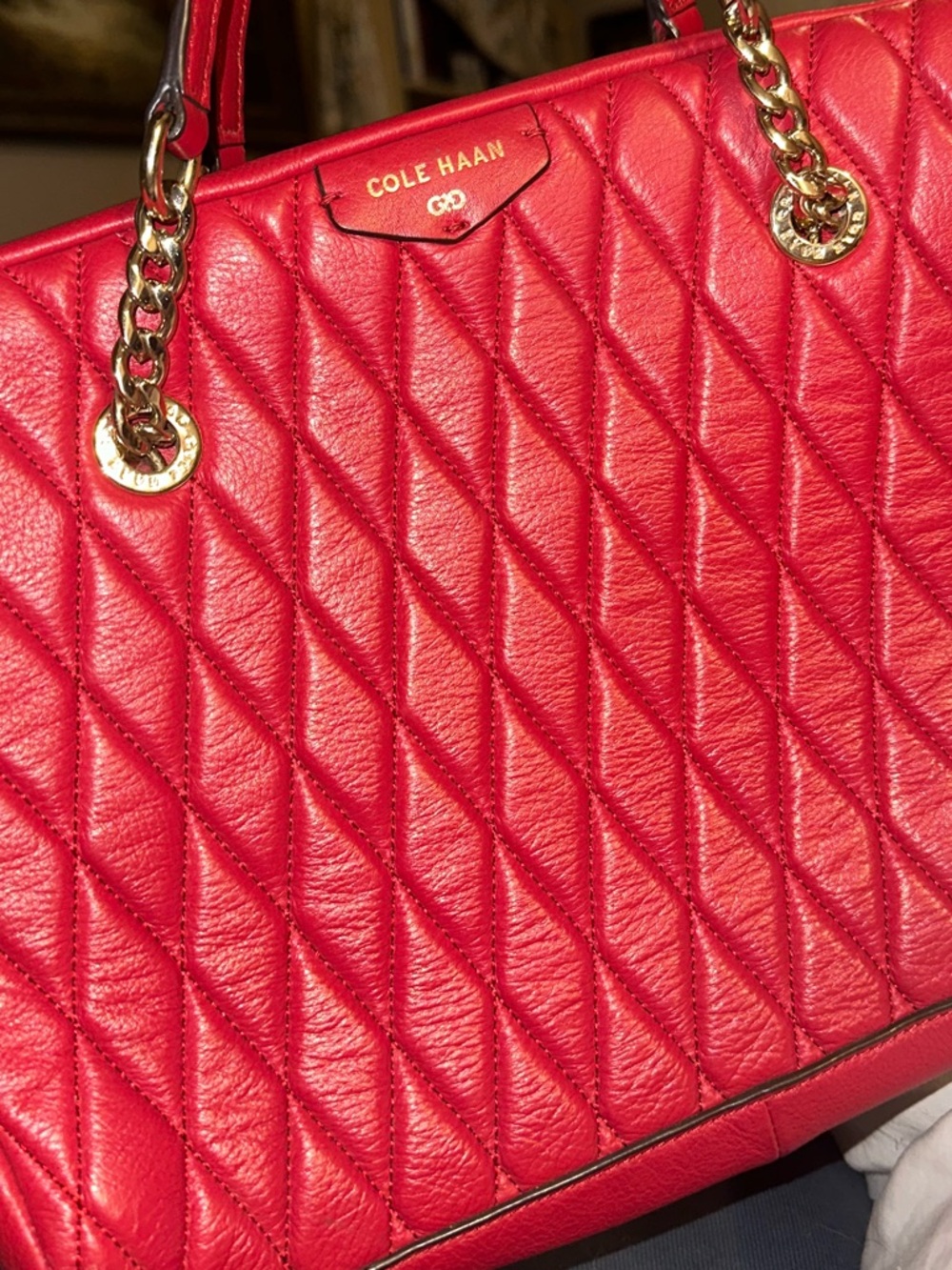 Cole Haan Quilted Red Leather Shoulder Tote with Gold Chain Accents